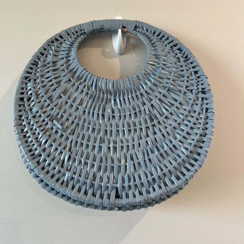 Woven Wicker Pocket Basket Blue Grayish Half Moon Design Vintage Painted